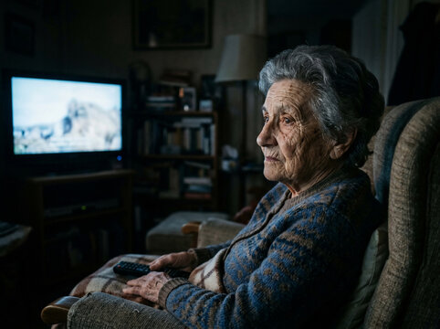 Elderly Woman Watching Television in Dimly Lit Room Holding Remote
