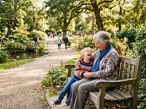 Joyful Grandmother and Grandchild Laughing Together on Park Bench