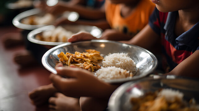 Children receive simple meal with rice and a side dish in metal bowls, close-up view capturing hands and food in a communal setting