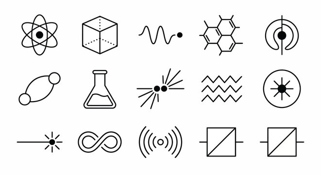 professional collection of 12 minimalist thin-line vector icons representing quantum physics, atomic science, and advanced computing. Designed with highly simplified geometric forms and a delicate 