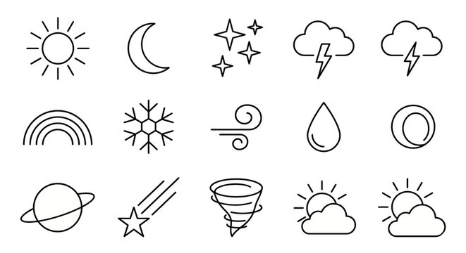 professional collection of 12 minimalist thin-line vector icons representing weather, celestial bodies, and atmospheric events. Designed with highly simplified geometric forms and a delicate constant 