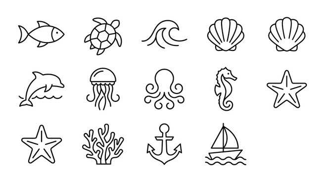 professional collection of 12 minimalist thin-line vector icons representing marine life, aquatic creatures, and ocean environments. Designed with highly simplified geometric forms and a delicate 