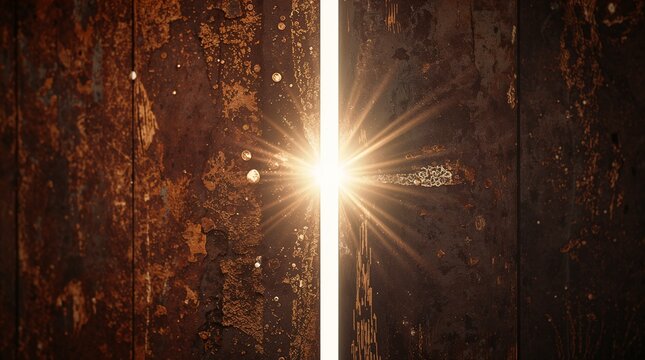 Bright light shining through gap in rusty weathered metal door opening concept