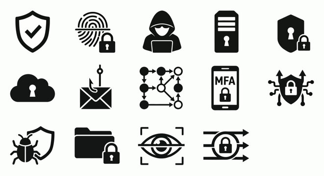 professional collection of 12 solid black vector icons representing cybersecurity, zero-trust network architecture, and cloud data protection. Designed in a clean, minimalist 2D flat style on a pure 