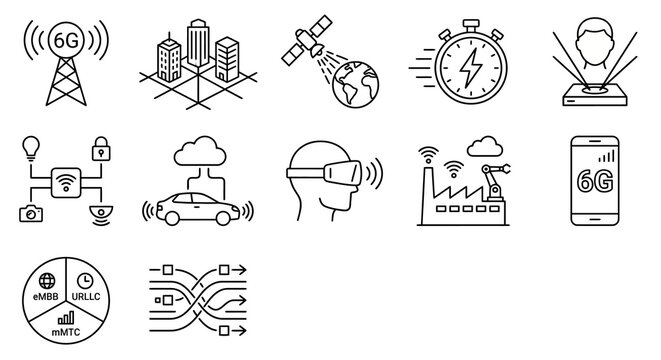 professional collection of 12 thin-line vector icons representing 6G connectivity, next-generation telecommunication networks, and Internet of Things (IoT) infrastructure. Designed in a clean