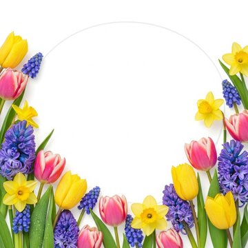 Spring floral border with tulips, daffodils, and hyacinths on white background