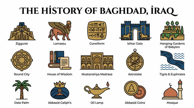 History of Baghdad Icons: Ziggurat, Lamassu, Cuneiform, Gates