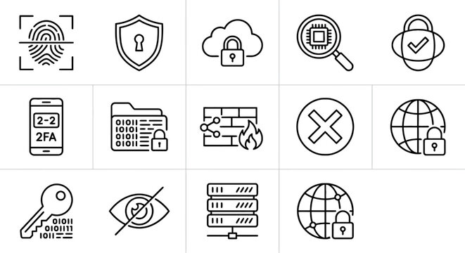A professional collection of 12 solid black vector icons representing the online shopping experience, product management, and secure checkout flows. Designed in a clean, minimalist 2D style 