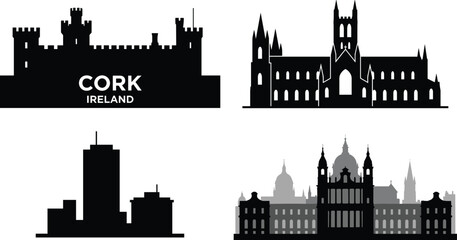 Fototapeta premium Ireland Landmark Skyline Silhouette Collection Featuring Cork Castle Cathedral Historic Architecture and Urban Cityscape Vector Design