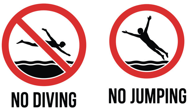 No diving and no jumping safety warning sign displayed on pool area caution board design for accident prevention