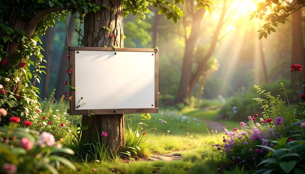 Sunny forest clearing with a blank sign attached to a tree trunk, flowers, and dappled light