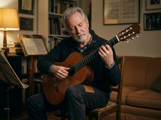 Obraz premium Senior Man Playing Acoustic Guitar at Home Enjoying Music