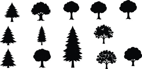 Set of diverse tree silhouettes including evergreen pine deciduous oak and maple icons for landscape design architectural plans and environmental graphics © Abu