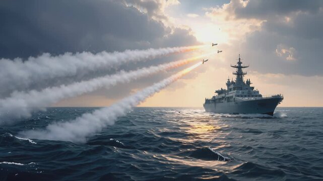 Missiles launching from naval destroyer in open sea. Warship firing projectiles during maritime military exercise. Panning camera movement.