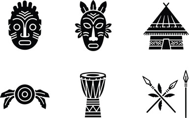 Fototapeta premium African tribal culture icon set featuring traditional masks, djembe drum, and hut silhouettes.