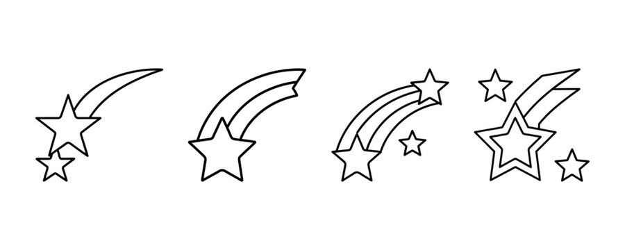Set of shooting star illustrations with dynamic motion trails and playful celestial accents in lightweight outline style.