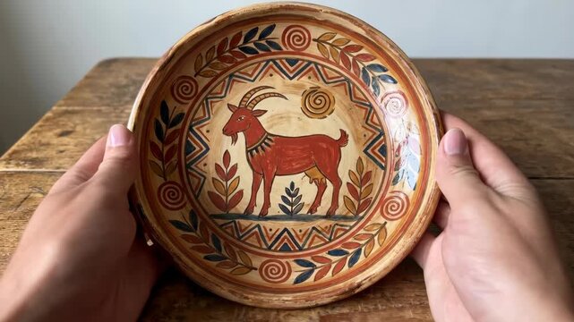 This ceramic plate displays a red goat design surrounded by decorative patterns 
