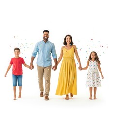 Obraz premium Family of four holding hands, walking together with confetti
