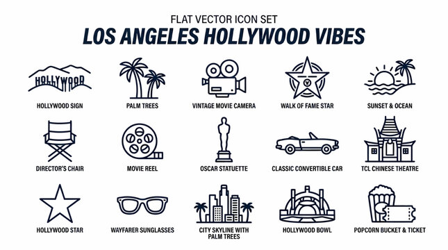 Los Angeles Hollywood Vibes Flat Vector Icon Set