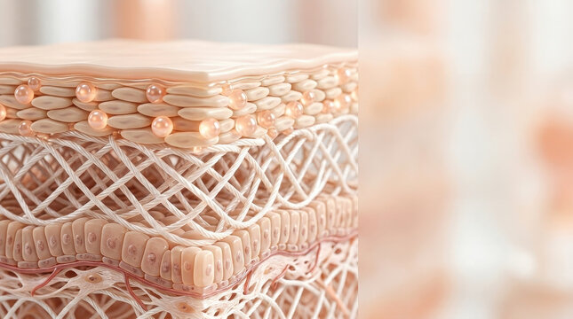 Skin collagen structure with acne inflammation concept showing layers of epidermis and dermis with collagen fiber and inflamed skin cells in 3d illustration