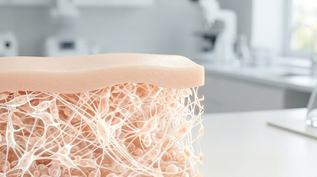 Skin collagen structure with acne cells illustration showing detailed network of fibers beneath skin surface for medical and cosmetic research in clinical environment