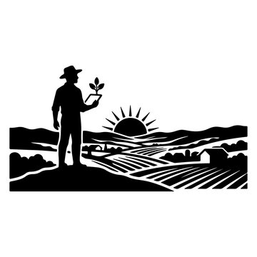 Sophisticated vector silhouette of a farmer or agronomist holding a tablet and a small plant, looking over a valley of fields towards a rising sun, representing foresight, vision, and leadership in ag