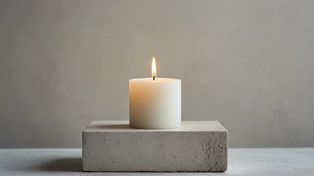 Minimalist White Pillar Candle Burning on Concrete Pedestal with Neutral Background