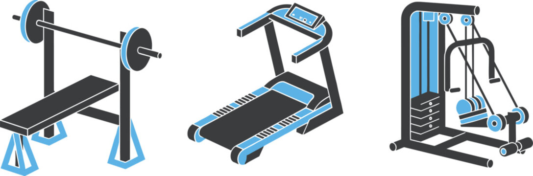 "Vector Illustration of Gym Equipment: Bench Press, Treadmill, and Cable Machine for Fitness and Strength Training"