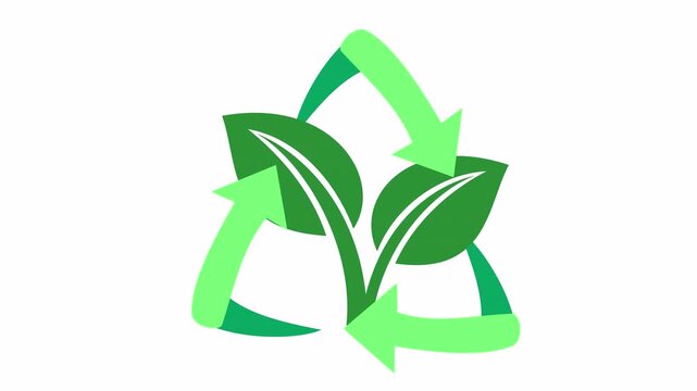 Green growth and sustainability concept with leaf icon and recycle arrows in a cartoon animation. Eco-friendly environmental conservation symbol in flat design style.