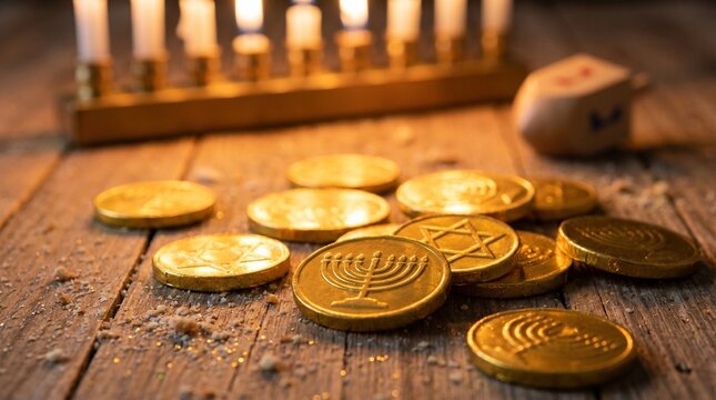 Hanukkah gelt chocolate coins scattered on a rustic wooden table with a glowing menorah and dreidel background, representing festive Jewish holiday traditions and celebration