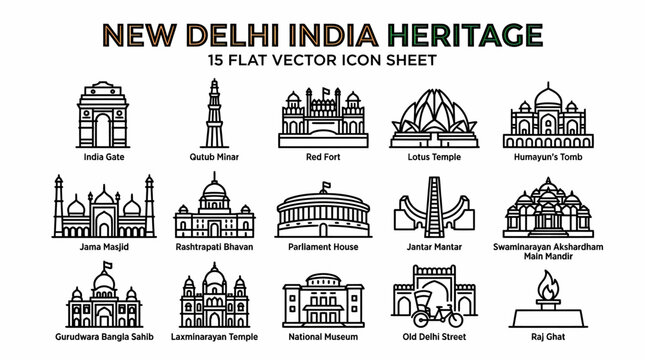 New Delhi India Heritage Flat Vector Icons