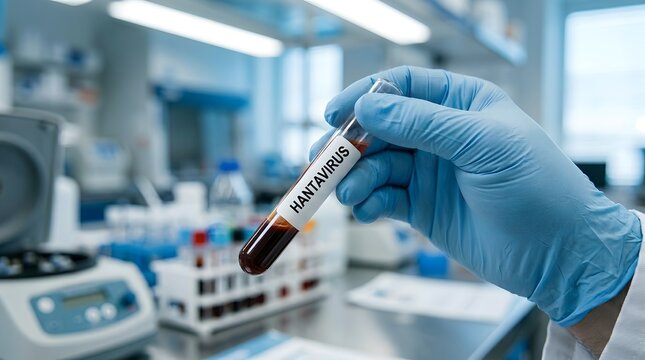 Hantavirus blood test sample in a medical lab environment. Clinical diagnostics, healthcare technology, and epidemiology research for infectious disease outbreaks
