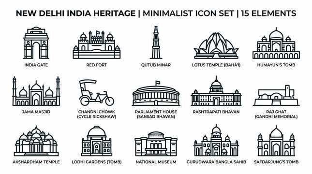New Delhi India Heritage Minimalist Icon Set