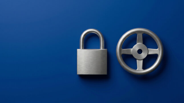 Padlock facing valve wheel on deep cobalt blue, fiscal prudence versus financial repression economic policy dilemma WEF debt concept.