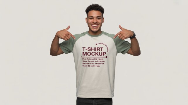 Man wearing a t-shirt mockup with raglan sleeves t shirt casual wear white background design template young adult thumb up apparel mockup fashion mockup design showcase clothing advertising