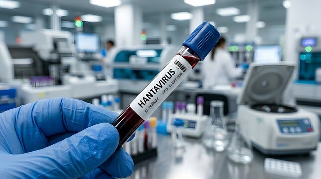 Lab technician holding a blood sample tube labeled Hantavirus in a modern laboratory. Concept for medical testing, virus diagnosis, and clinical research on zoonotic diseases