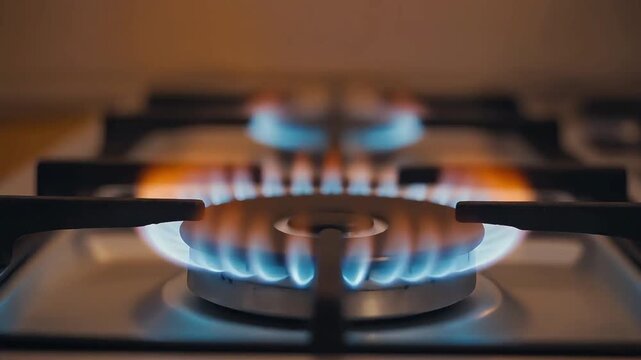 Close-up of a gas stove burner ignited with a steady blue flame, set in a dark kitchen environment, showcasing the metal grate and circular flame pattern