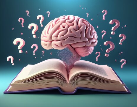 3d brain reading book with floating question marks