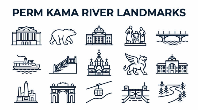 Perm Kama River Landmarks Icons