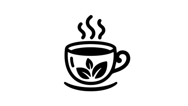 Clean vector graphic of a cozy, steaming hot cup of tea with fresh botanical leaves, representing comfort, wellness, and a tranquil moment of relaxation