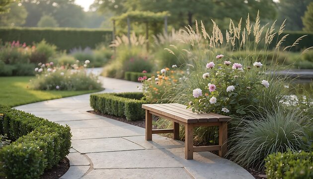 A serene stone garden path with a wooden bench surrounded by flowers and greenery.