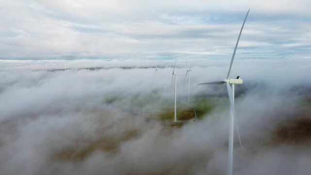 Aerial view of wind turbines in the cloud sea