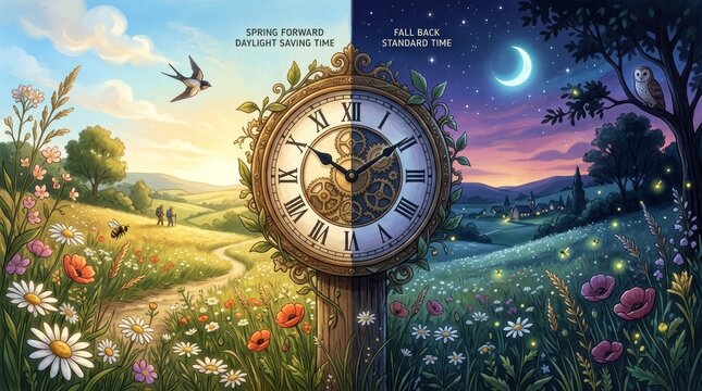 A whimsical illustration depicts the transition between daylight saving time and standard time during the fall back season.