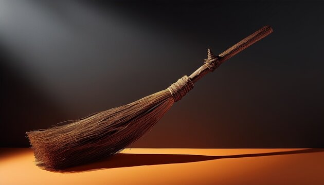 witch broomstick casting shadow on two colors dark background minimal abstract halloween and horror concept
