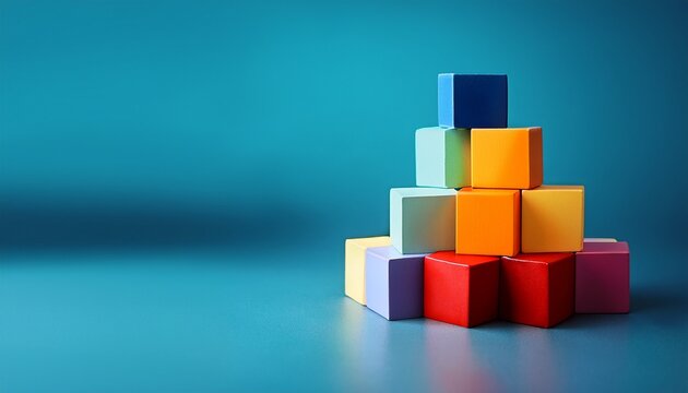 stack of perfectly misaligned colored cubes abstract metaphor for individuality disruption or breaking patterns copy space