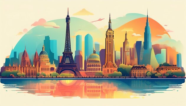 cityscape skyline landmarks travel architecture eiffel tower statue of liberty empire state building paris new york tourism famous buildings illustration global cities artwork