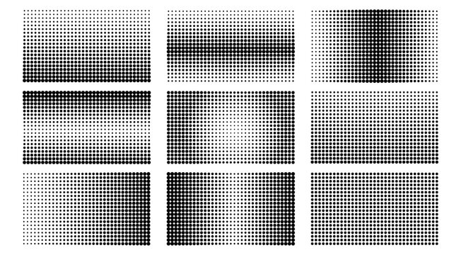 Halftone gradient patterns with dot matrix fade effects. Comic style rectangles create dynamic visual tone for retro popart designs and graphic templates.