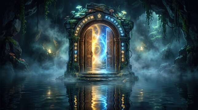 A mystical stone archway glows with an ethereal blue light, situated within a dark, damp cavern.