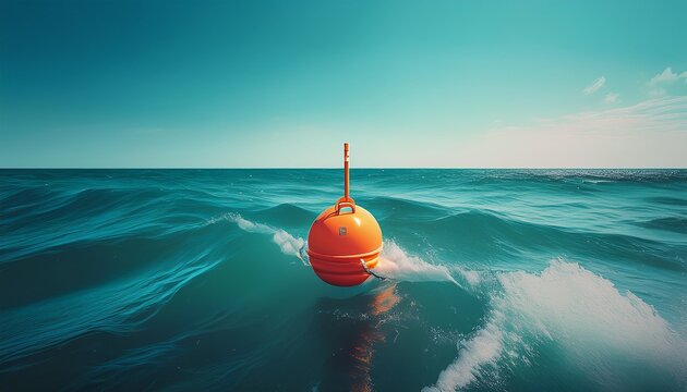 an orange buoy floats amidst splashing ocean waves under a clear sky with a distant horizon