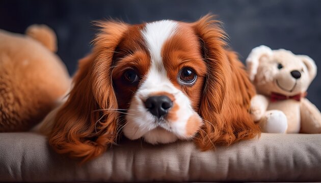 a cavalier king charles spaniel snuggles with a soft teddy bear showcasing a heartwarming bond in a cozy setting